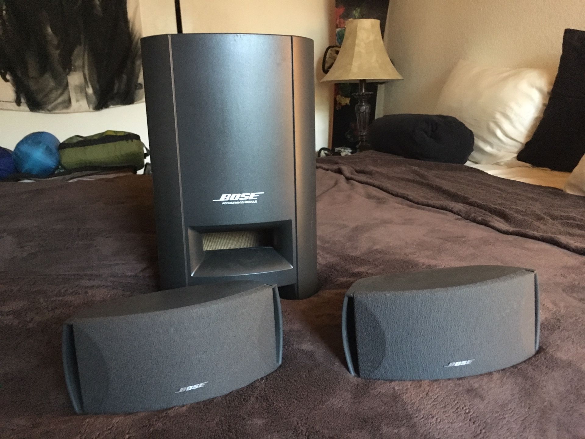 Bose speakers, stands, subwoofer, remote