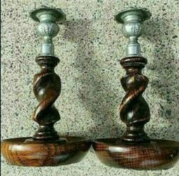 Vintage Hand Crafted Twist Oak Wood and Pewter Metal 8" Candle Holders Nice!