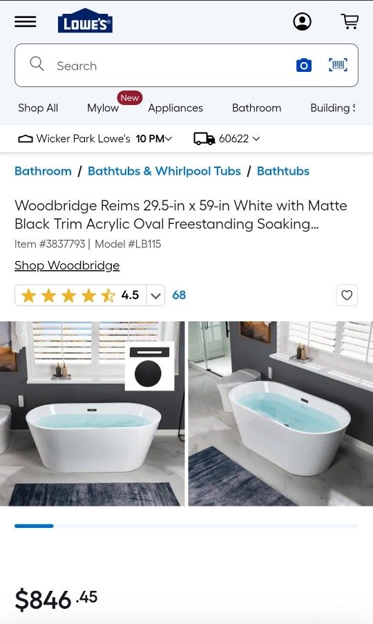 sale: woodbridge 59'' acrylic freestanding bathtub
