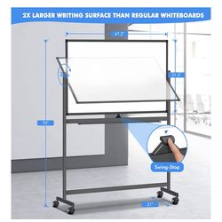 Rolling Dry Erase Board 48 x 32, Double-Sided Mobile White Board, Large Portable Magnetic Whiteboard with Stand - Easel Style Whiteboard with Wheels f