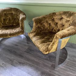 1970s Vintage John Stuart Tufted and Steel Club Chairs- A