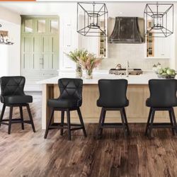 Hampton 26 in. Black Solid Wood Frame Counter Stool with Back Faux Leather Upholstered Swivel Bar Stool Set of 4
