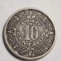 1946 Mexico 10 Centavos Coin - Aztec Calendar