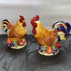 Vintage Chicken ~Rooster Ceramic Lidded Sugar Bowl & Creamer Collectible Set