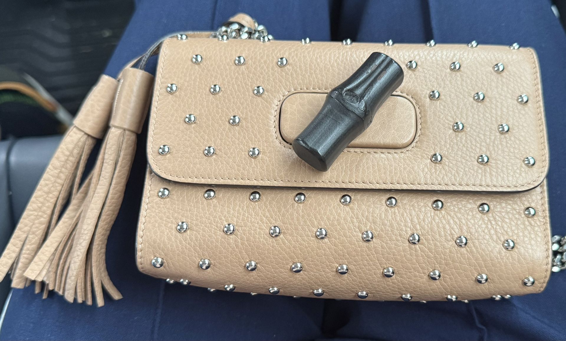 Gucci Miss Bamboo Studded Small Crossbody Black Leather Chain Strap Shoulder Bag