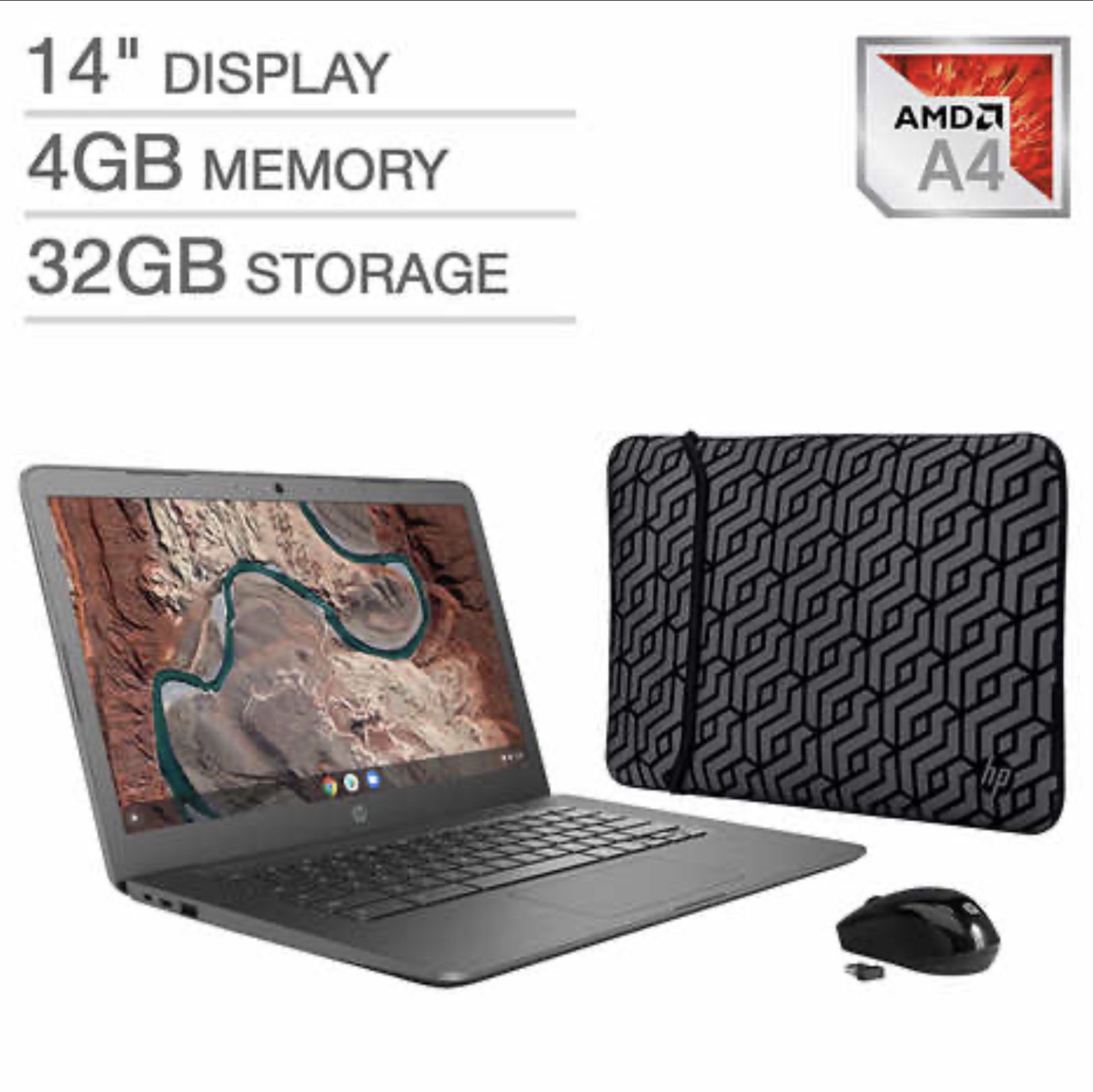 HP 14" Chromebook Bundle - AMD A4 - 1080p - Bonus Sleeve & Wireless Mouse