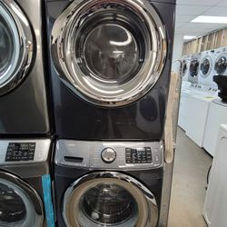 Samsung Front Loading Washer And Stackable Gas Dryer Set In Black Stainless Steel 