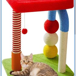 Small U-Shaped Cat Tree- Sisal Rope Scratching Post, Toy Ball, Cat Self-Groomer, Top Perch for Small/Medium Cats, Multi-Cat Homes-Colorful（24in） 