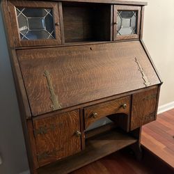 Antique Oak Drop Front Desk With Leaded Bookcase 1900s