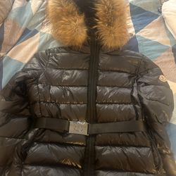 Moncler Shiny Black Jacket with Fur Trim