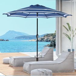 9 ft. Steel Crank and Tilt Stripe Market Patio Umbrella in Royal Blue and White