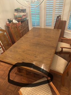 Singer trestle table with three leaves and 6 chairs