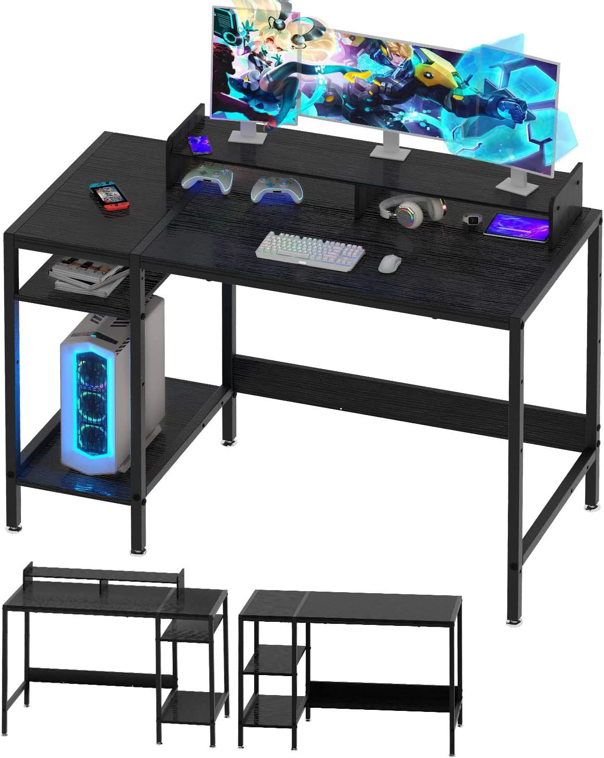 MINOSYS Computer Desk - 38" Gaming Desk, Home Office Desk with Storage, Small Desk with Monitor Stand, Writing Desk for 2 Monitors, Adjustable Storage