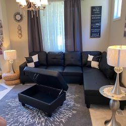 New Black Leather Sectional With Ottoman, Chaise And 2 Pillows Brand New 