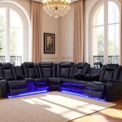 Power Electric Black Leather Fully Reclining Sectional Couch 