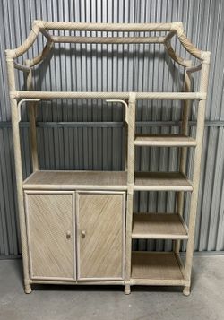 Vintage mid-century modern Bamboo and rattan etagere with cabinet base and pagoda top.