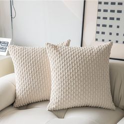 Kevin Textile Pillow Covers Decorative Set of 2 Striped Corduroy Plush Velvet Christma Pillowcases Cushion Cover for Couch 16x16 Inch Cream