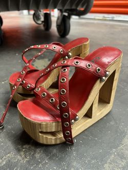 Unique Red Wooden Platform Shoes - Size 6