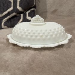 Vintage Fenton Milk Glass Hobnail Oval Butter Dish with Crown Top Lid