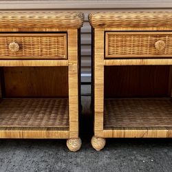 Pair of Honey Wicker Nightstands with one drawer