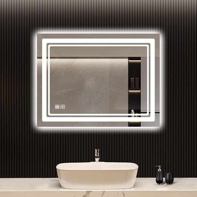 LED Bathroom Mirror - 28 X36 Inches Vanity Mirror with Lights - Stepless Dimmable, Anti-Fog, Waterproof Wall Mounted Lighted Makeup Mirror – Long Las