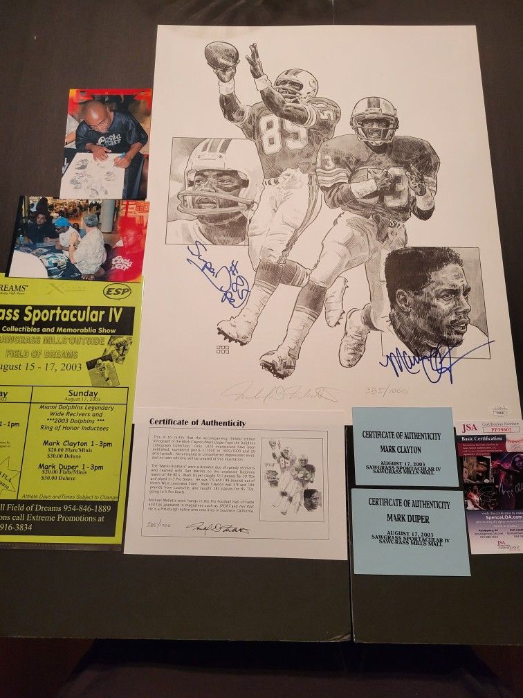 Miami Dolphins great mark duper and mark Clayton signed limited edition 16X20 black-and-white lithograph
