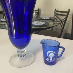 Cobalt Blue Vase and Shirley Temple Spouted Glass
