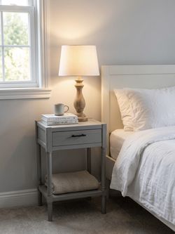 Modern Gray Slat Wood Nightstand / End Table with Drawer