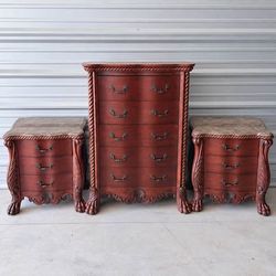 Ashley Furniture 3 Piece Bedroom Set – Tall Chest & 2 Marble Top Nightstands
