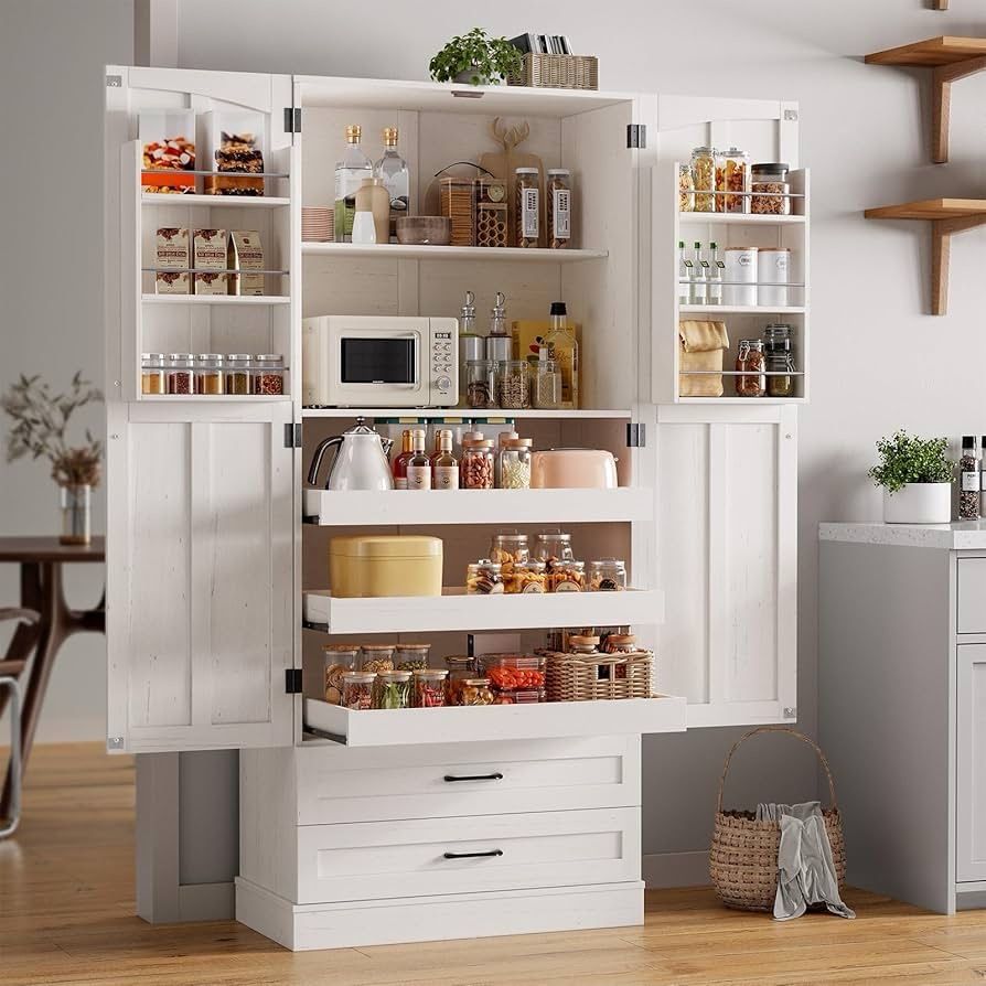 71" Tall Farmhouse Kitchen Pantry Cabinet with 3 Pull Out Shelves & 2 Large Drawers, Pantry Storage Cabinet with 6 Door Shelves & Adjustabl