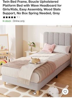 Twin Bed Frame, Boucle Upholstered Platform Bed with Wave Headboard