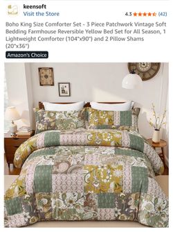 Boho King Size Comforter Set - 3 Piece Patchwork Vintage Soft Bedding Farmhouse Yellow Bed Set for All Season, 1 Lightweight Comforter (104"x90") and 