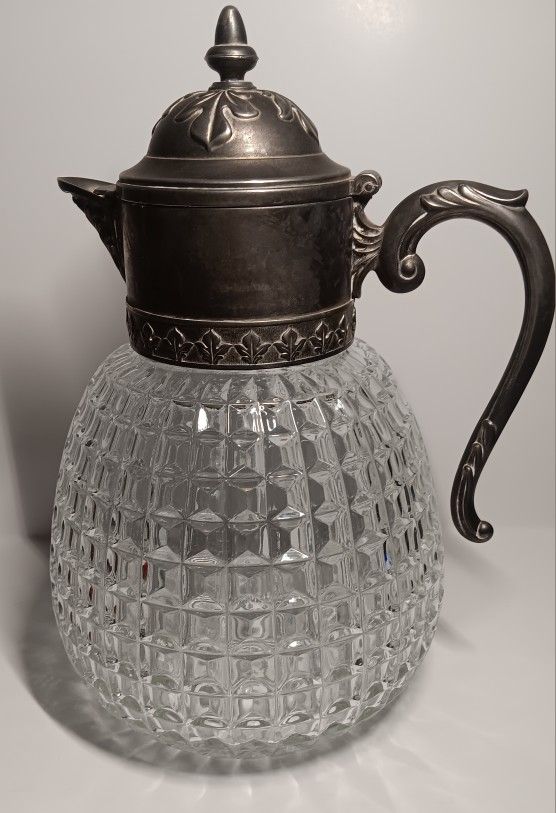 Vintage Honeycomb Clear Glass Pitcher Italy Silver Plate Screw Top
