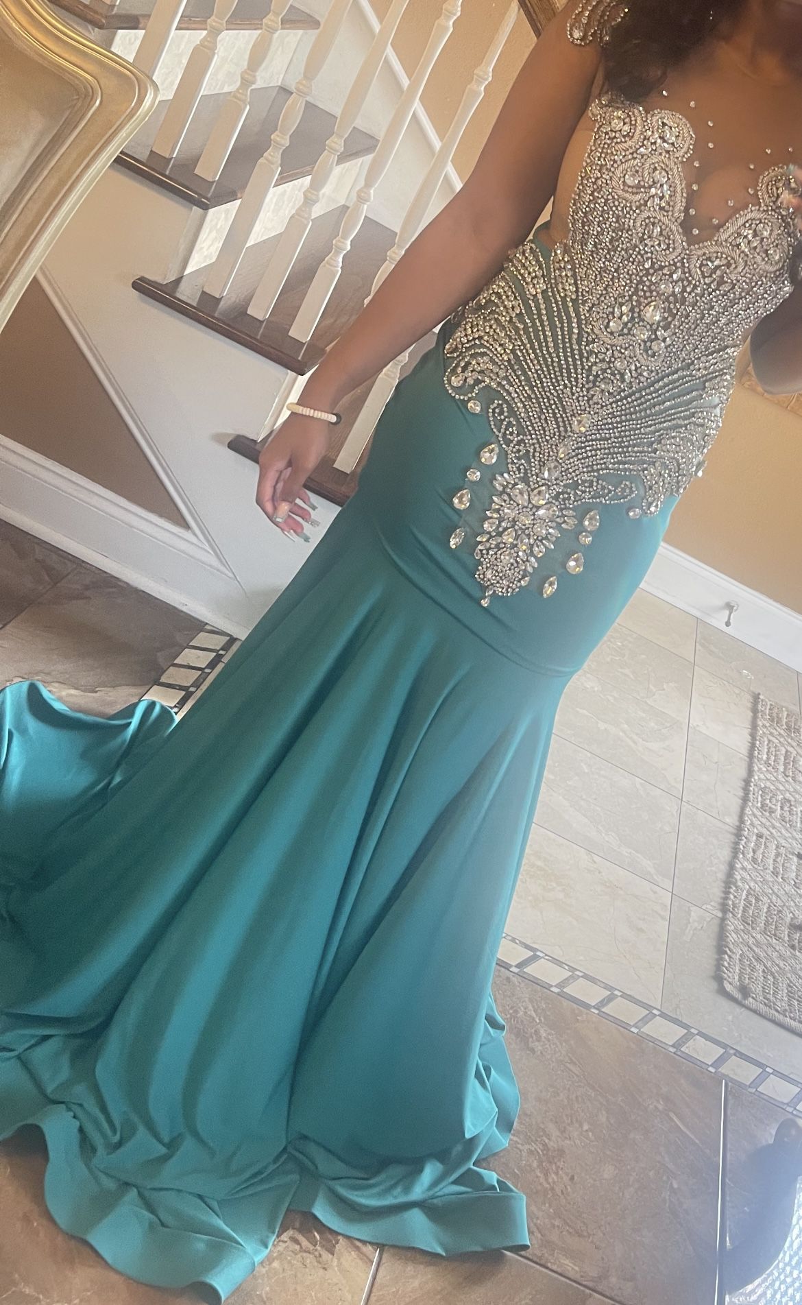  Beautiful luxurious long teal prom dress with rhinestone details  
