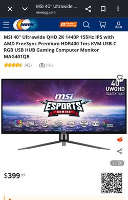 MSI 40" Ultrawide QHD 2K 1440P 155Hz IPS with AMD FreeSync Premium HDR400 1ms KVM USB-C RGB USB HUB Gaming Computer Monitor MAG401QR