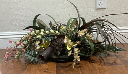 Artificial Faux Silk Floral Arraignment on Teak Wooden Plate  30" x 18" x 10"