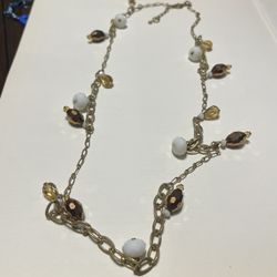 Gold Tone Cream & Amber Glass Beaded Vintage Costume Necklace 