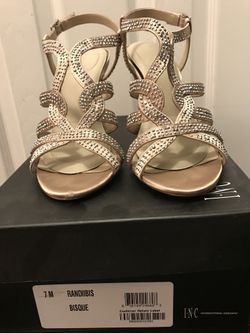 INC Champagne Bisque Strappy Rhinestone Evening Heel Sandal Size 7