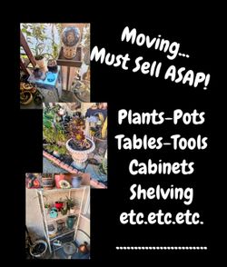 Moving! Plants, Pottery, Tools, Tables, Garden Decor, Shop Vac, Weed Eaters, Mirrors, Hi-End Vacuums, Cabinets, Shed,  + MUCH MORE!