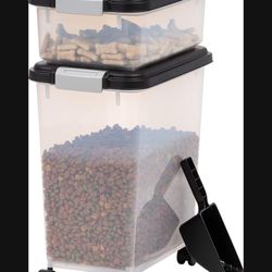 IRIS USA 3-Piece 35 Lbs / 45 Qt WeatherPro Airtight Pet Food Storage Container Combo With Scoop And Treat Box For Dog Cat And Bird Food, Stackable, Ke