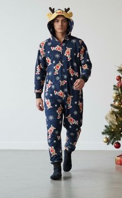 Reindeer One Piece  Hooded Full Front Zip  Men’s Dad Size LARGE