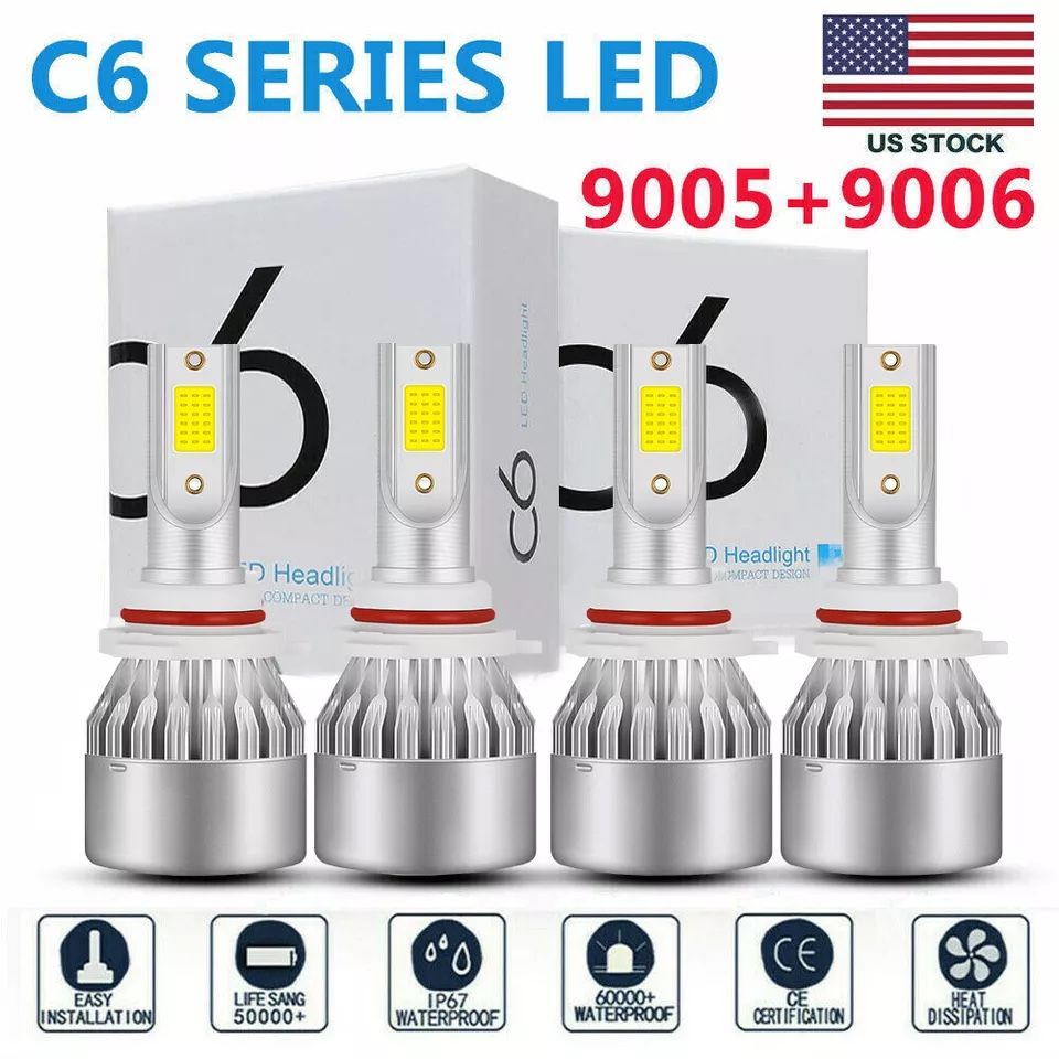 4x 9005 9006 Super White Combo LED Headlight Kit High Low Beam Fog Bulbs 6000K
