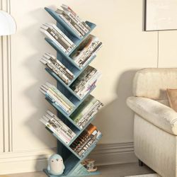 Blue 10 Tier Tree Book Shelf, Floor Standing Wood Bookshelf, Storage Organizer Bookshelves