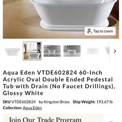 Aqua Eden VTDE602824 60-Inch Acrylic Oval Double Ended Pedestal Tub with Drain Glossy White.