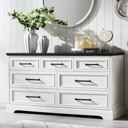 7 Drawer Dresser, Farmhouse Chest of Drawers for Bedroom, 52" Wide Kids Dresser TV Stand with Large Metal Handles, Wood Drawer Organizer for Living Ro