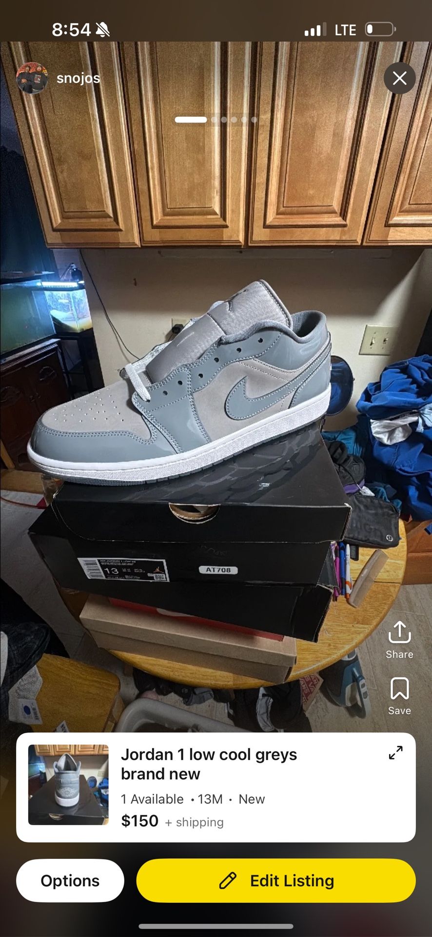 Jordan 1 Low Cool Greys Size 13