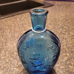 Benjamin Franklin blue glass vintage glass decanter, made by Wheaton  