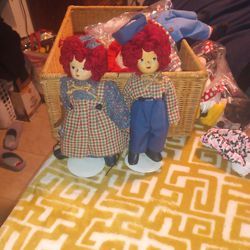 Springford Dolls Set (2) Raggedy Anne & Andy in Plaid & Blue with stand