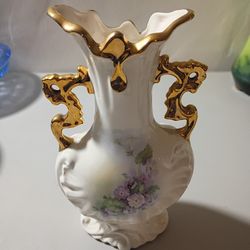 Vintage Beautiful Purple Floral Handled Gold Vase 