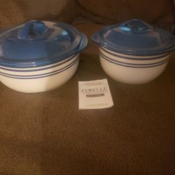 Corelle coordinates stoneware bake and serve blue stripe 2-1/2qt & 1-1/2qt Microwave and oven safe. 